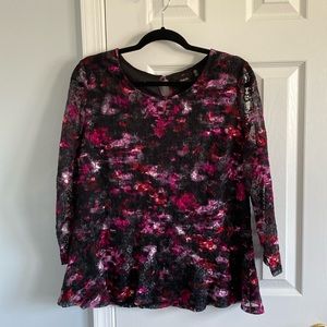 Rafaella Floral Lace Long Sleeve Peplum Blouse Women's Size XL